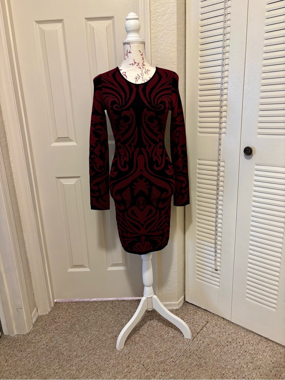 Torn by Ronny Kobo Burgundy & Black Long Sleeve Baroque Bodycon Dress